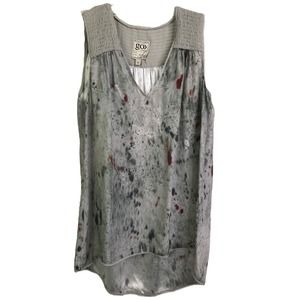 Go By GoSilk Women's Blouse V-Neck Ruched Silk Sleeveless Gray Long Back Sz XS